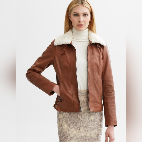 Shearling Collar Genuine Leather Aviator Jacket - Picture 1 of 12